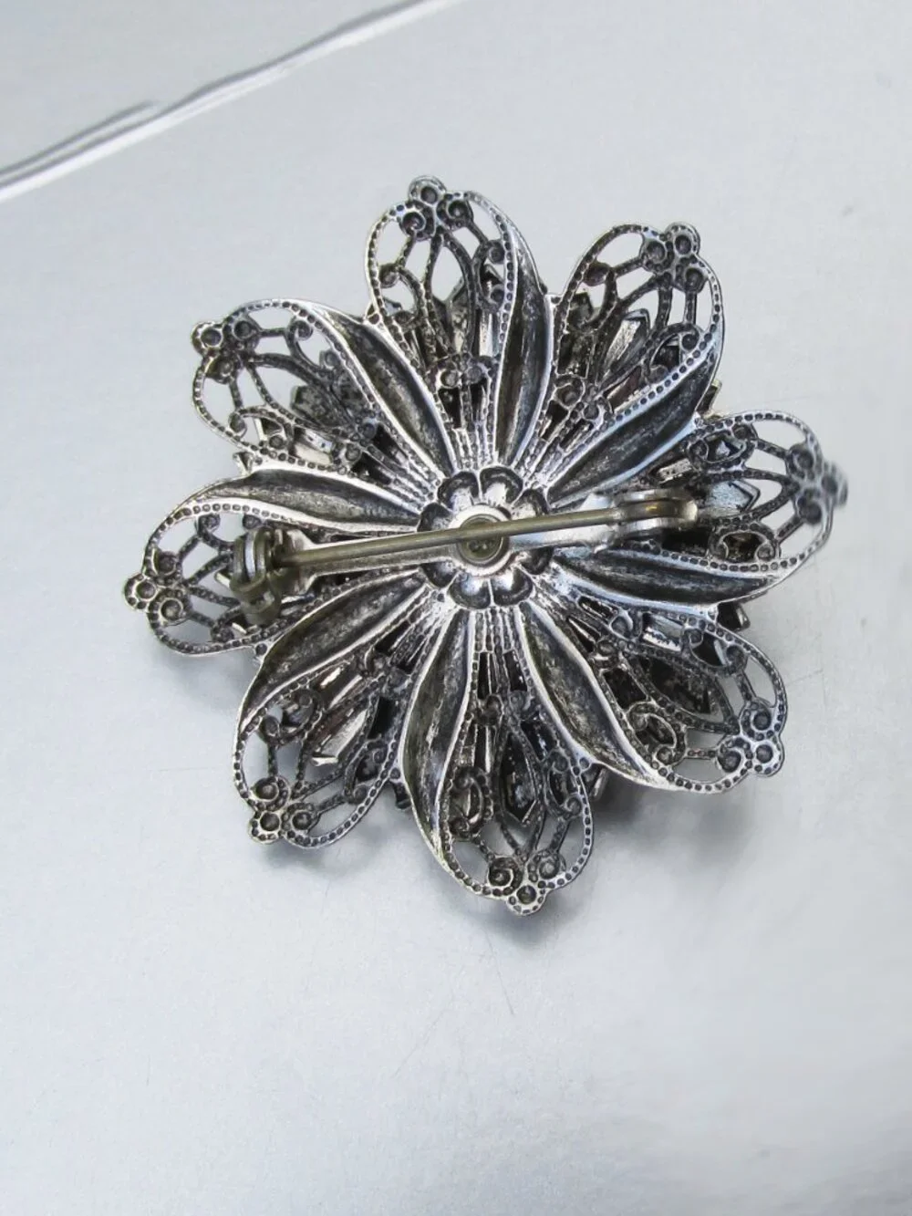 Vintage Silver-Tone Filigree & Black Glass Flower Brooch Pin